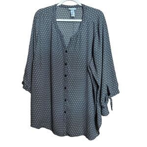 Catherines Top Womens 3X 26 28W Black White Print Sheer Button Up Blouse Ladies